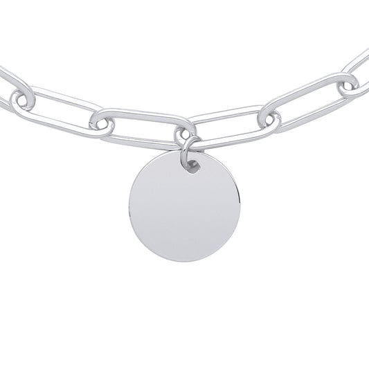 Silver Round Medallion Disc Paper Clip Pill Chain Bracelet 7.5" - GVB486