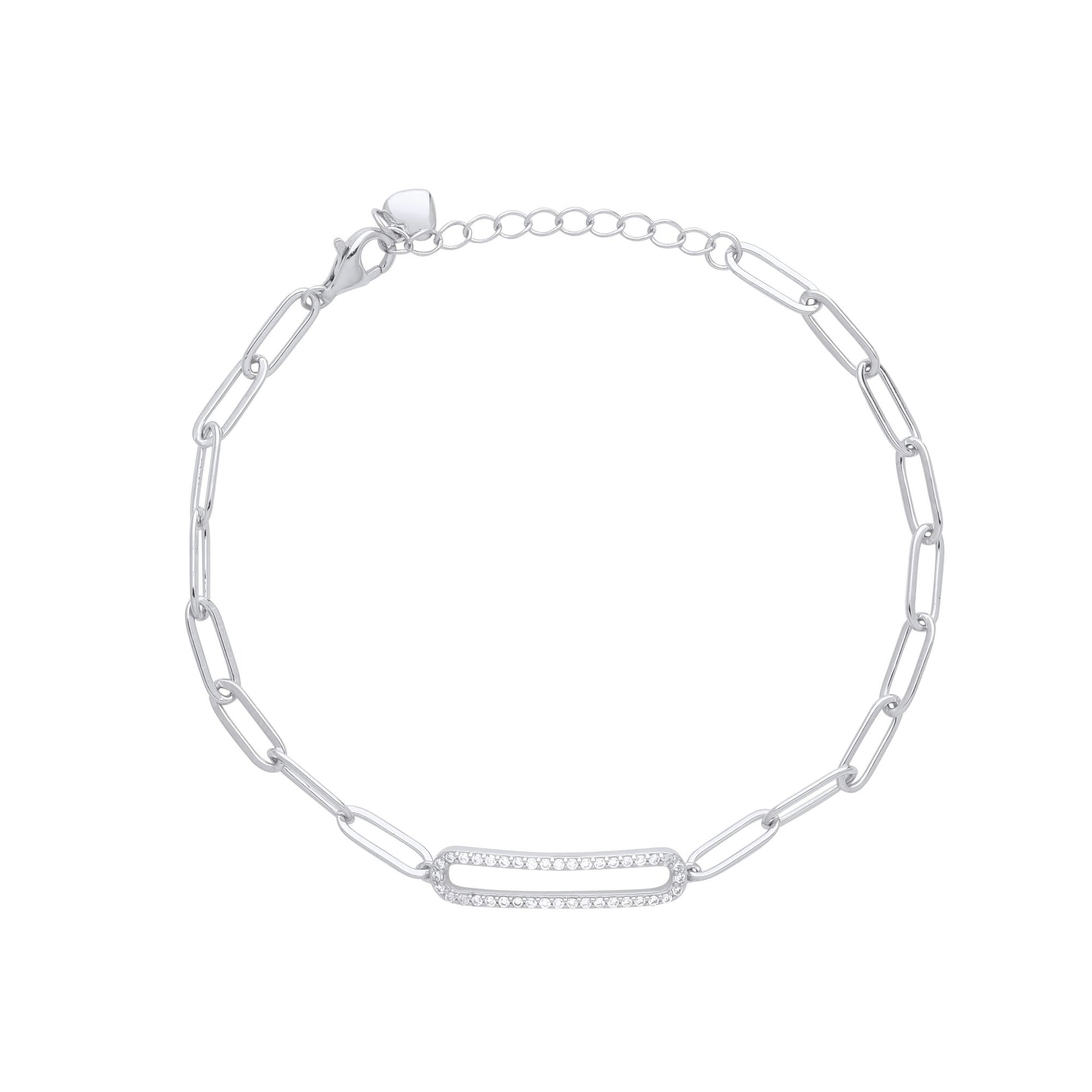 Silver  CZ Pave Paper Clip Pill Shape Chain Bracelet 5mm 6.5 + 1" - GVB487