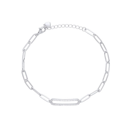 Silver  CZ Pave Paper Clip Pill Shape Chain Bracelet 5mm 6.5 + 1" - GVB487