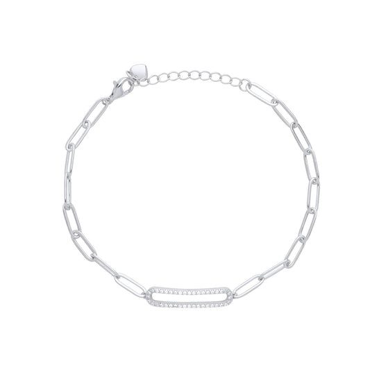 Silver  CZ Pave Paper Clip Pill Shape Chain Bracelet 5mm 6.5 + 1" - GVB487