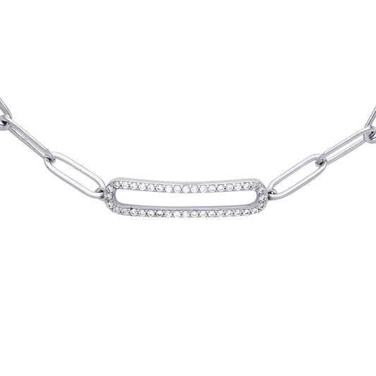 Silver CZ Pave Paper Clip Pill Shape Chain Bracelet 5mm 6.5 + 1" - GVB487