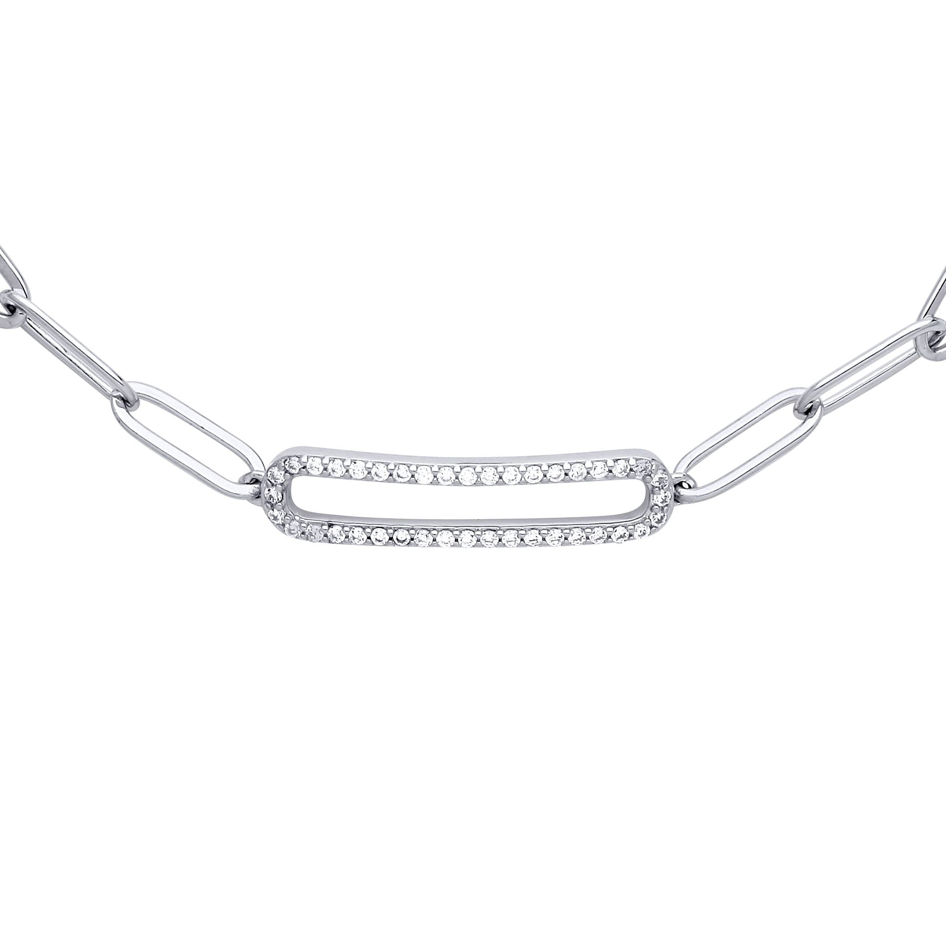 Silver  CZ Pave Paper Clip Pill Shape Chain Bracelet 5mm 6.5 + 1" - GVB487