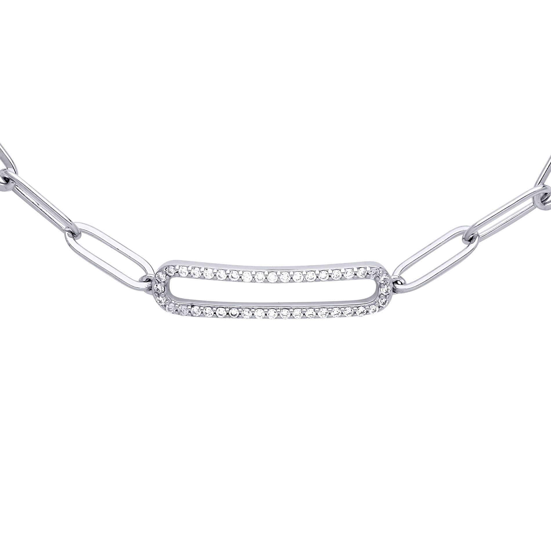 Silver  CZ Pave Paper Clip Pill Shape Chain Bracelet 5mm 6.5 + 1" - GVB487