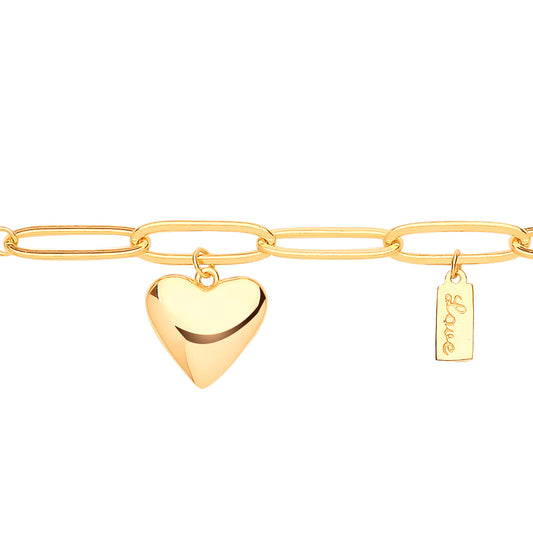 Gilded Silver  Curb Oval Link Love Heart Tag Charm Bracelet - GVB499