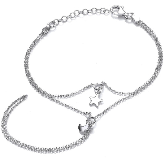 Silver Star Moon Charms Finger Ring Hand Harem Bracelet 7 + 1" - GVB504