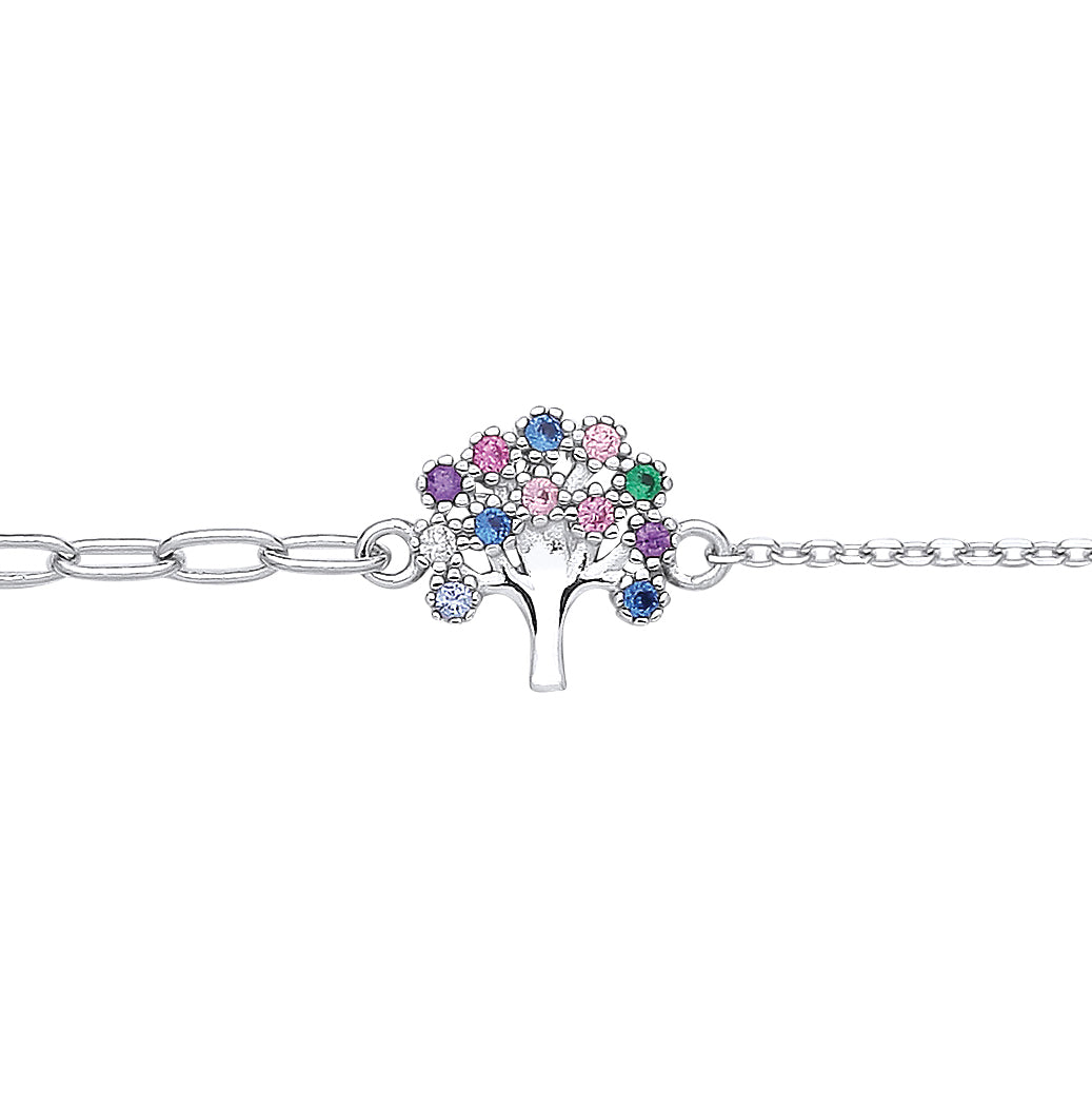 Silver  Blue Green Purple CZ Pastel Tree of Life Rolo Bracelet 8" - GVB535