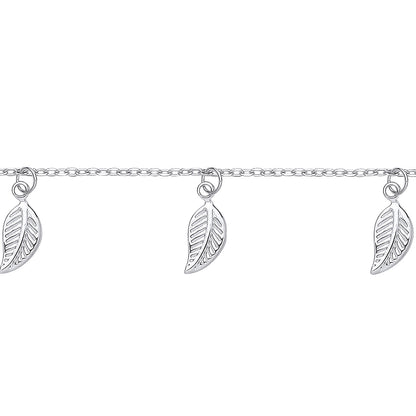 Sterling Silver  7 Lucky Feather Leaf Charm Bracelet 6.5 + 1 inch - GVB536