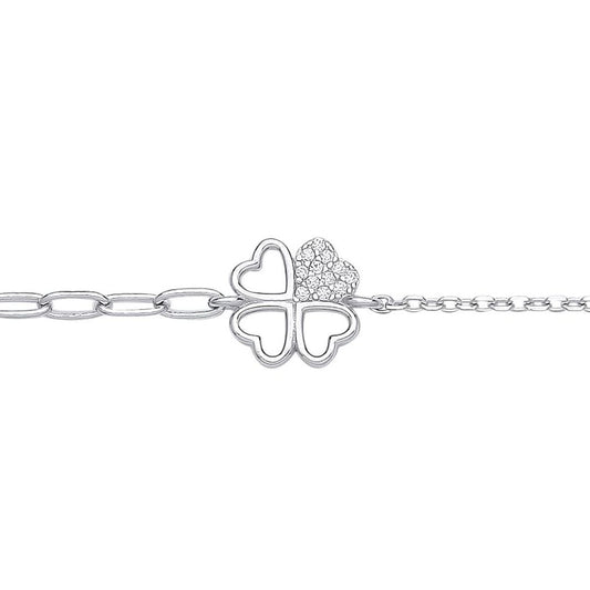 Silver CZ Heart 4 Leaf Clover Rolo Charm Bracelet 2mm 6.5 + 1" - GVB537