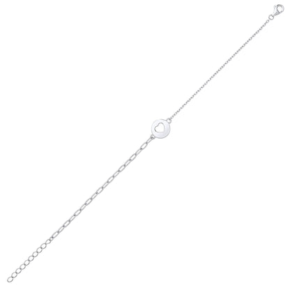 Silver  Love Heart Round Disc Tag Charm Bracelet 2mm 7 + 1 inch - GVB539