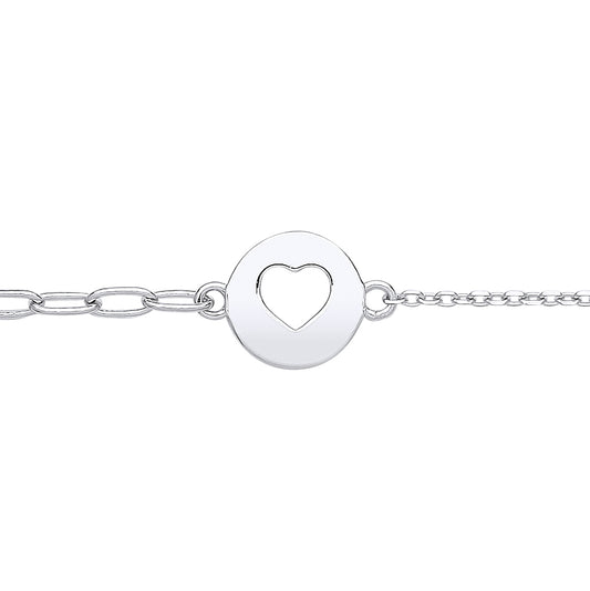 Silver  Love Heart Round Disc Tag Charm Bracelet - GVB539