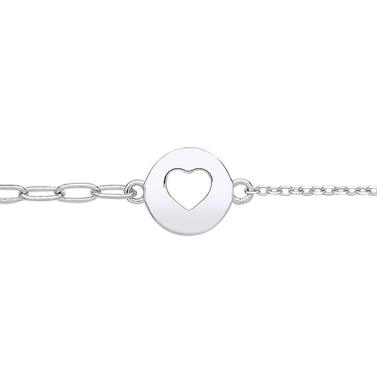 Silver  Love Heart Round Disc Tag Charm Bracelet 2mm 7 + 1 inch - GVB539