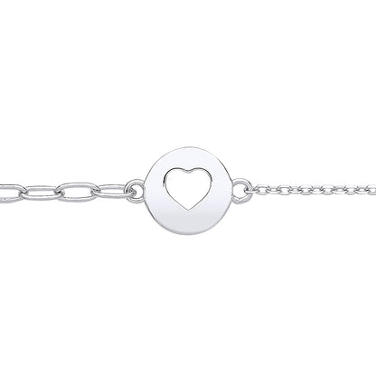 Silver  Love Heart Round Disc Tag Charm Bracelet 2mm 7 + 1 inch - GVB539