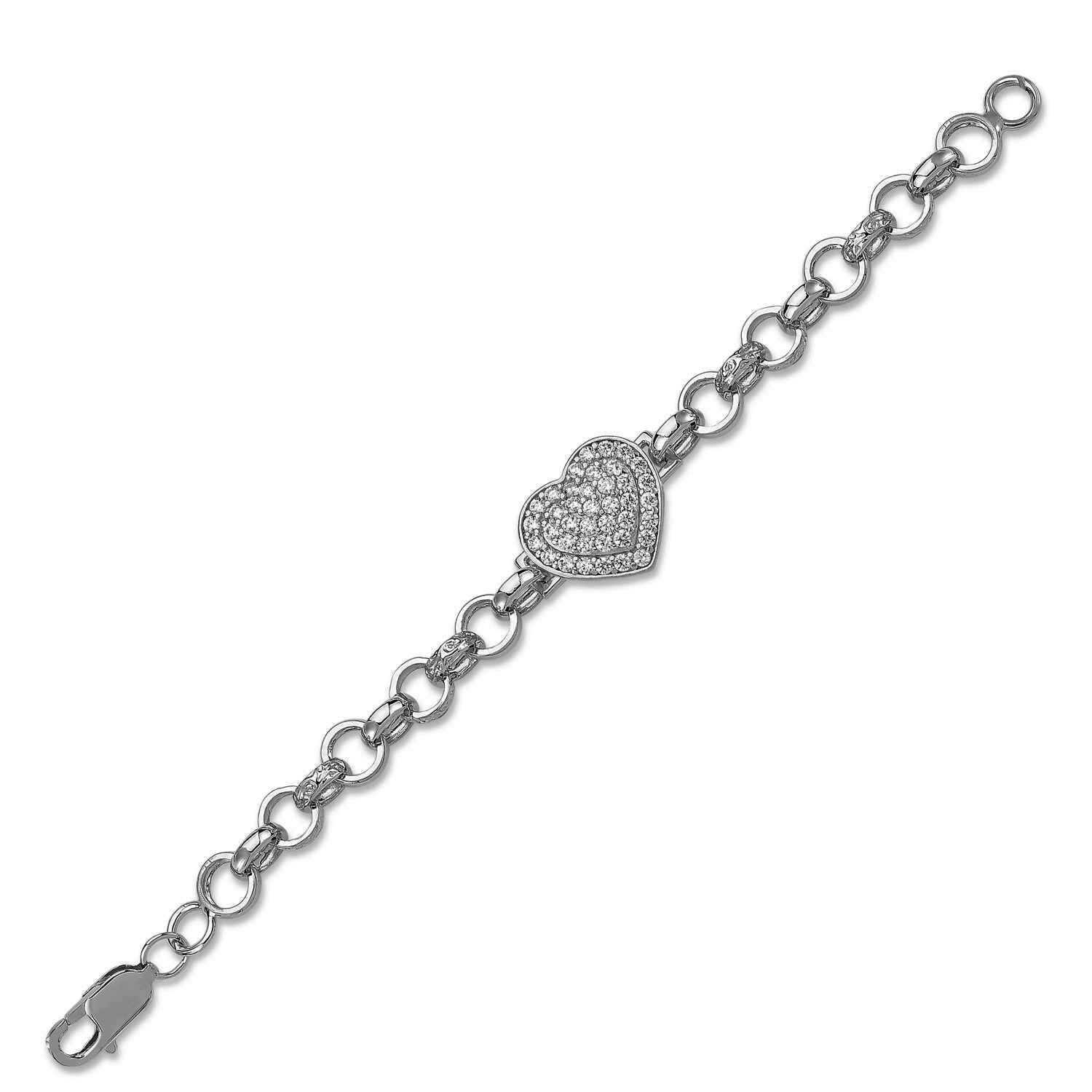 Kids Silver  CZ Quilted Heart Engraved Belcher Charm Bracelet 7mm - GVB543