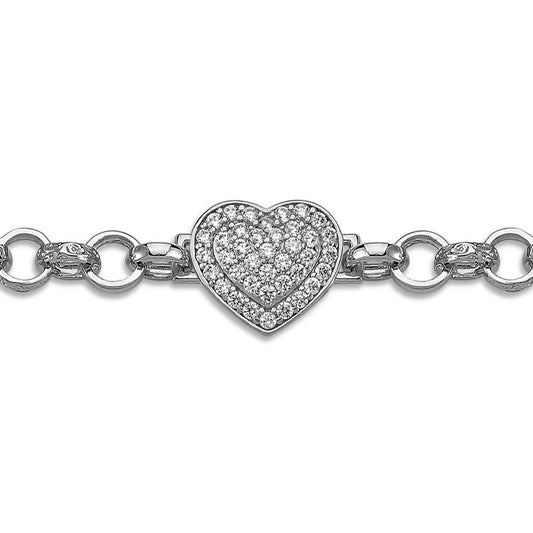 Kids Silver  CZ Quilted Heart Engraved Belcher Charm Bracelet 7mm - GVB543