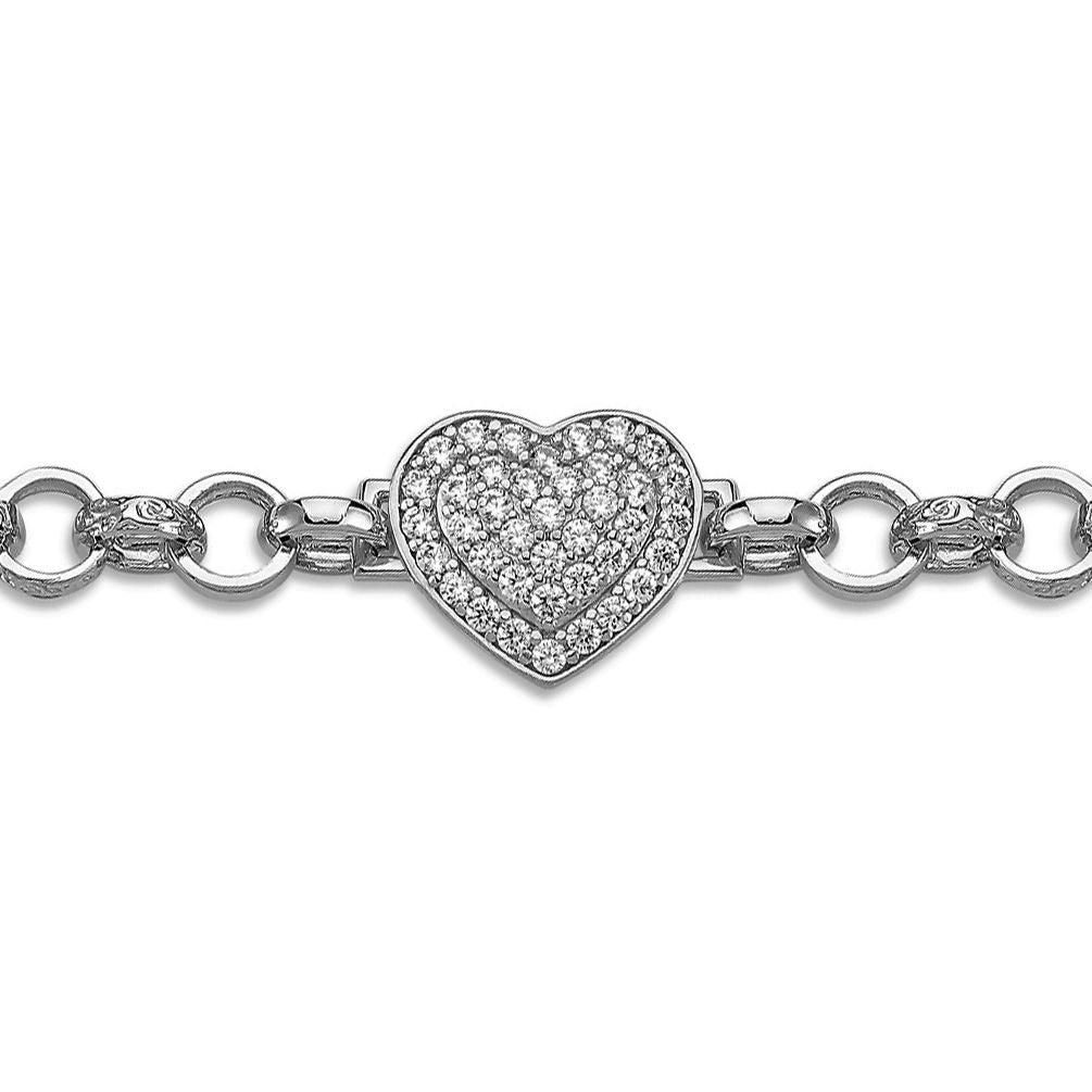 Kids Silver  CZ Quilted Heart Engraved Belcher Charm Bracelet 7mm - GVB543