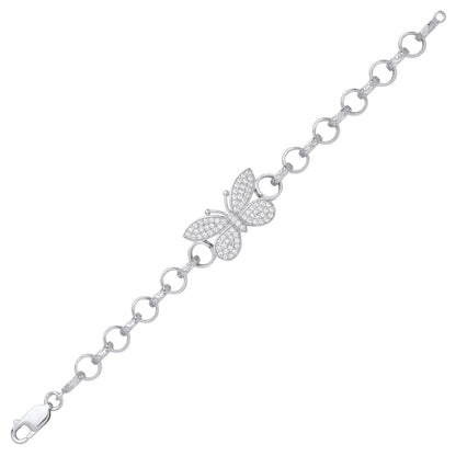 Silver  CZ Butterfly Engraved Belcher Kids Bracelet 6inch 15cm - GVB549