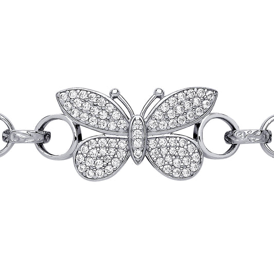 Silver  Soaring Butterfly Engraved Belcher Charm Bracelet - GVB549