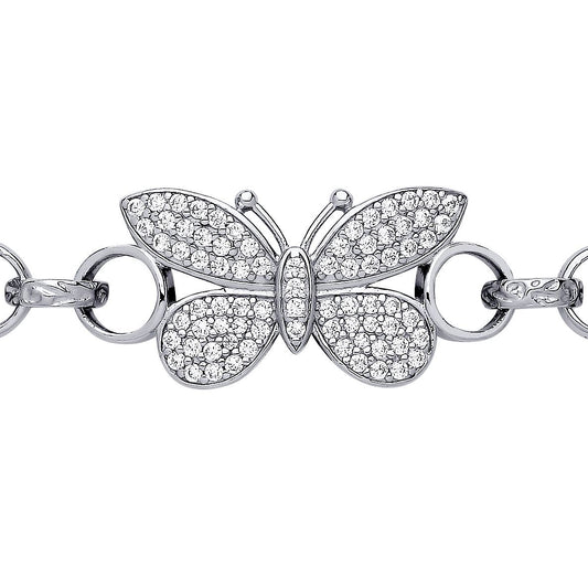 Silver  CZ Butterfly Engraved Belcher Kids Bracelet 6inch 15cm - GVB549