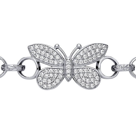 Silver  CZ Soaring Butterfly Engraved Belcher Charm Bracelet 7mm - GVB549