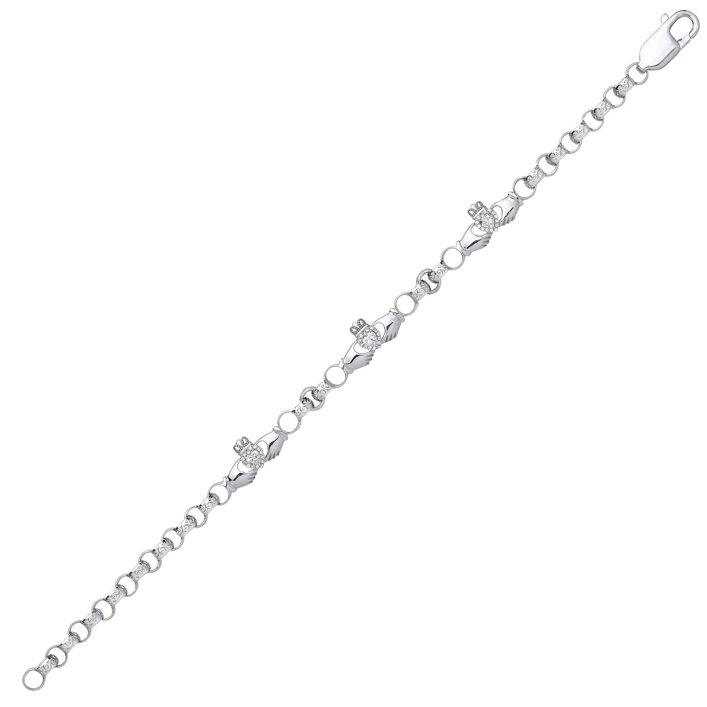 Silver  Heart CZ Claddagh Engraved Belcher Bracelet 4mm 7.5" - GVB553