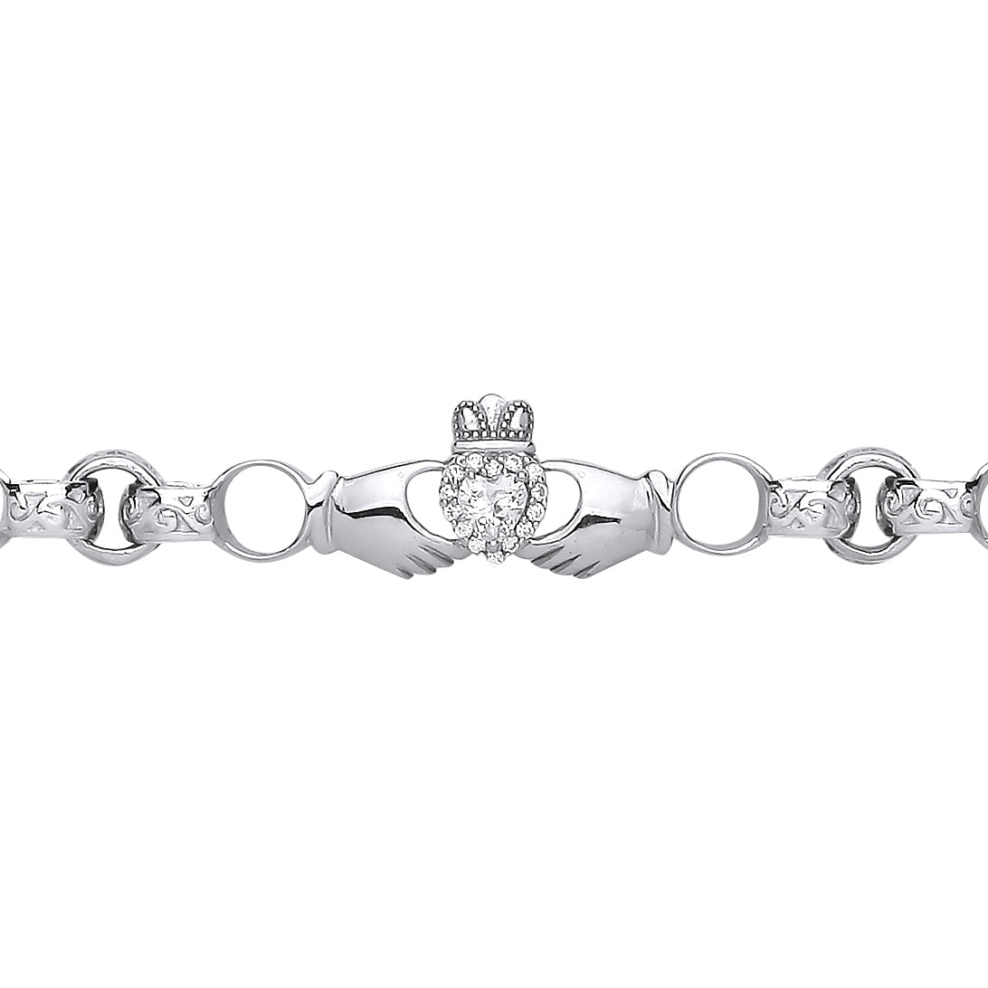 Silver  Heart CZ Claddagh Engraved Belcher Bracelet 4mm 7.5" - GVB553