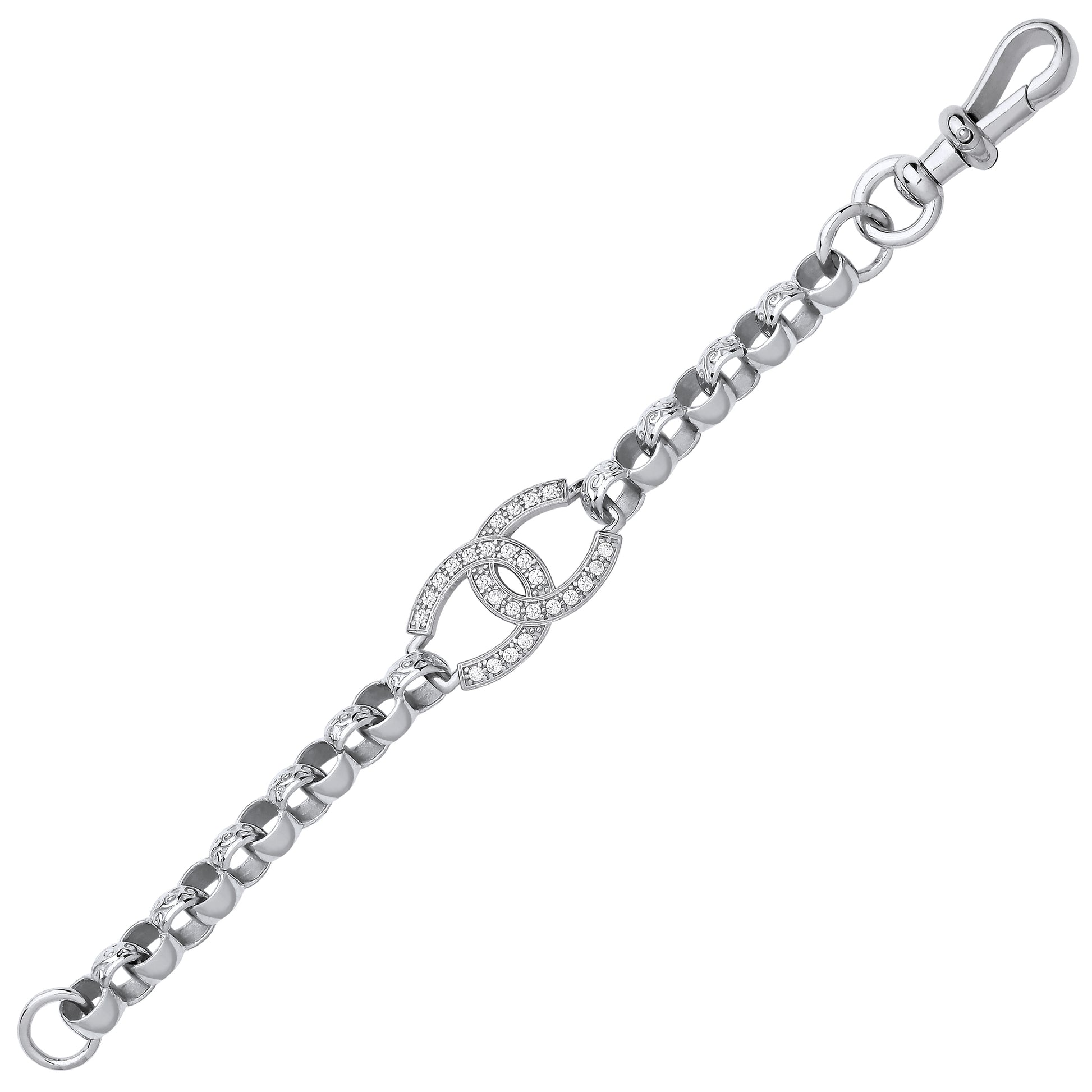 Silver CC Lucky Horse Shoe Engraved Belcher Charm Bracelet - GVB557