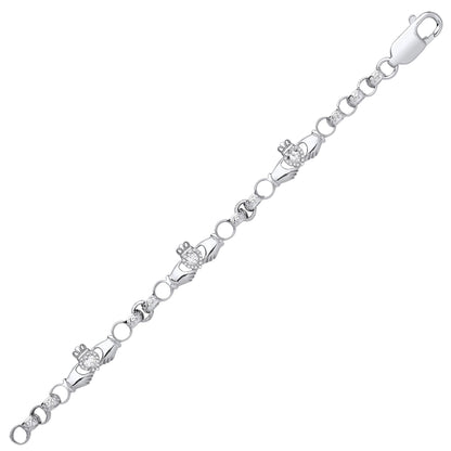 Kids Silver  Heart CZ Claddagh Belcher Charm Bracelet 4mm 5.5" - GVB559