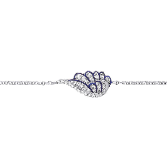 Silver  CZ Blue Enamel Angel Dove Wing Rolo Charm Bracelet 7 + 1" - GVB569