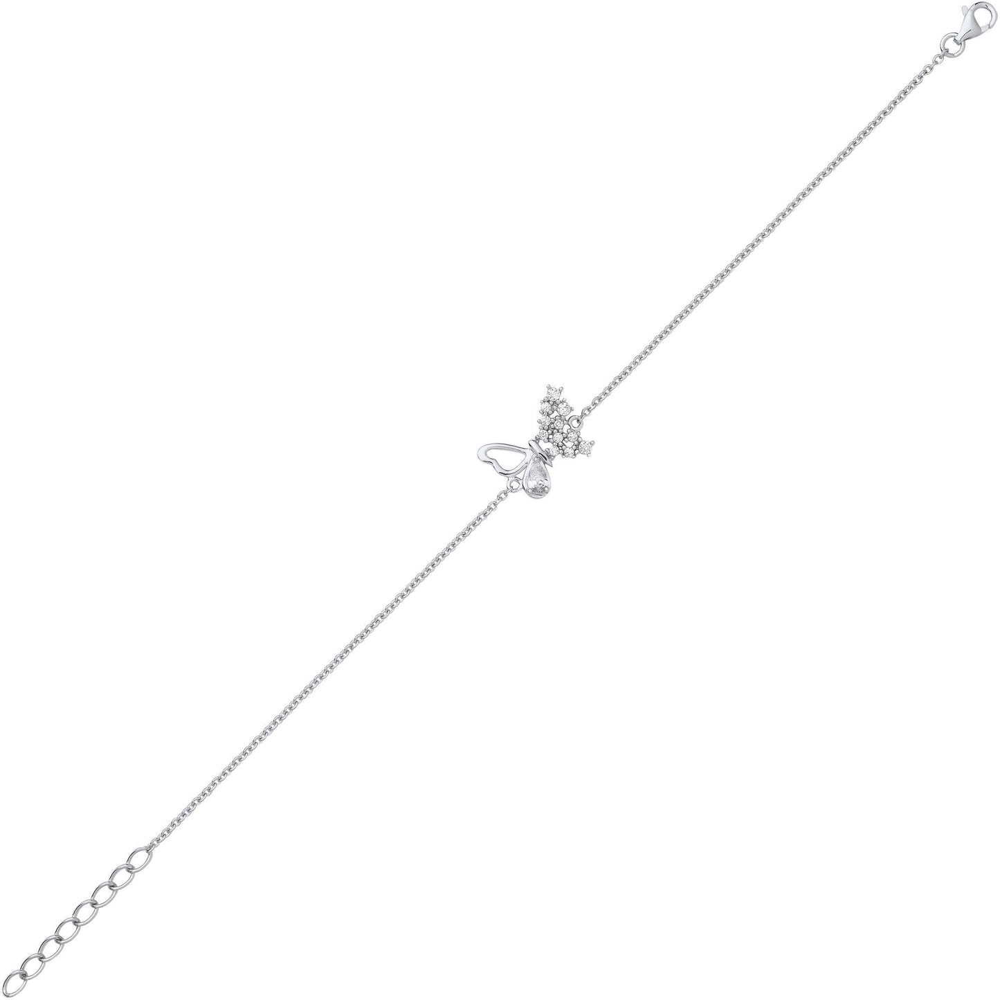 Silver  Pear CZ Frosted Butterfly Rolo Charm Bracelet 7.25 + 1" - GVB571