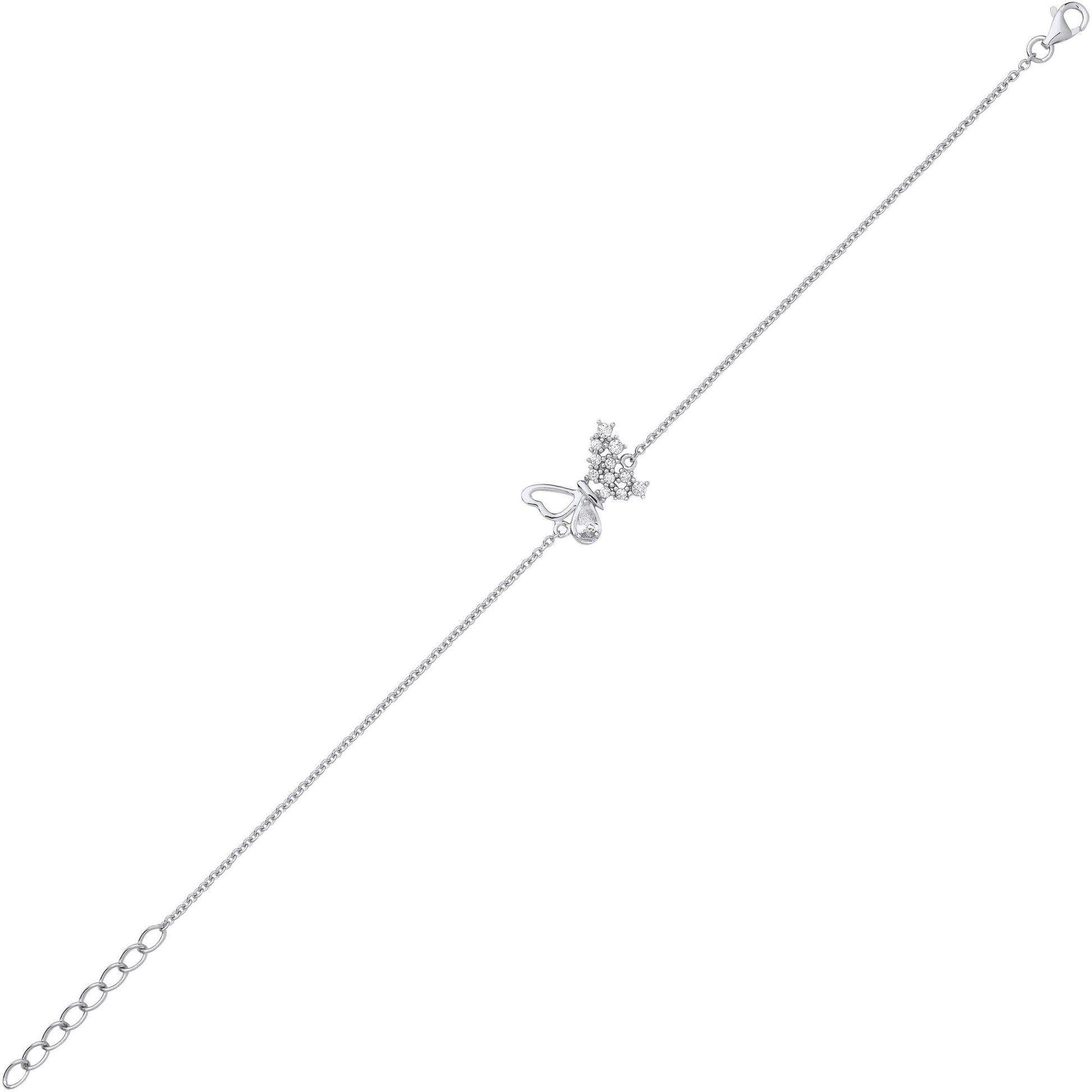 Silver  Pear CZ Frosted Butterfly Rolo Charm Bracelet 7.25 + 1" - GVB571