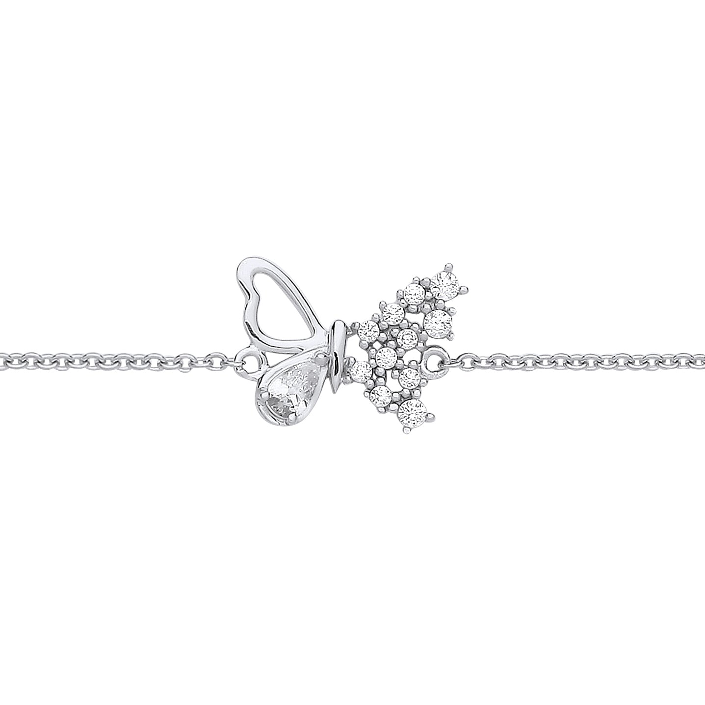 Silver  Pear CZ Frosted Butterfly Rolo Charm Bracelet 7.25 + 1" - GVB571