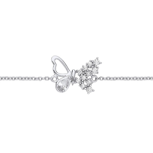 Silver Pear CZ Frosted Butterfly Rolo Charm Bracelet 7.25 + 1" - GVB571