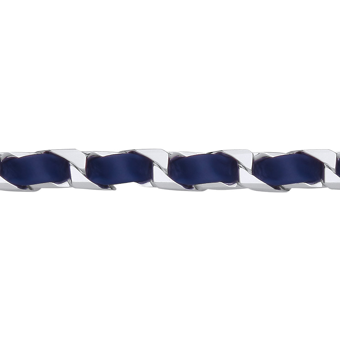 Mens Silver  Leather Ribbon Square Curb Chain Bracelet - GVB580