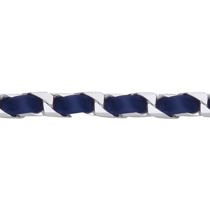 Mens Silver  Leather Ribbon Square Curb Chain Bracelet - GVB580