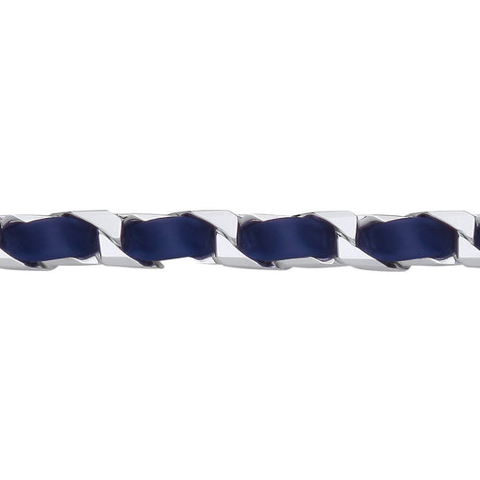 Mens Silver  Leather Ribbon Square Curb Chain Bracelet 8mm 8.5" - GVB580