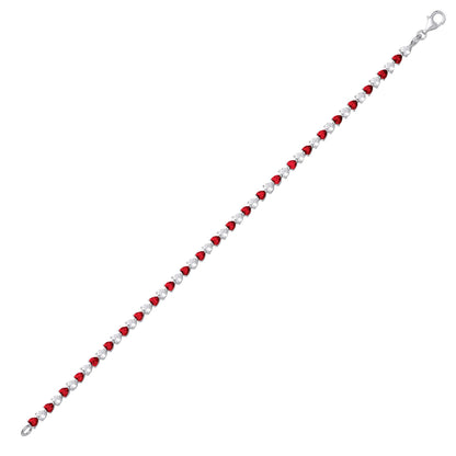 Silver  Red Heart CZ Love Heart Striped Tennis Bracelet - GVB587RU