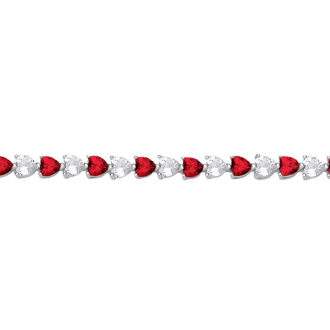 Silver  Red Heart CZ Love Heart Striped Tennis Bracelet - GVB587RU