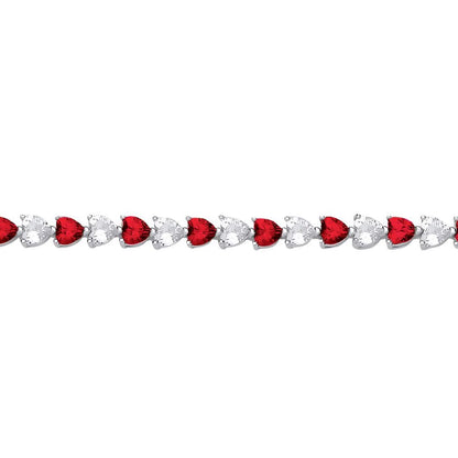 Silver  Red Heart CZ Love Heart Striped Tennis Bracelet - GVB587RU
