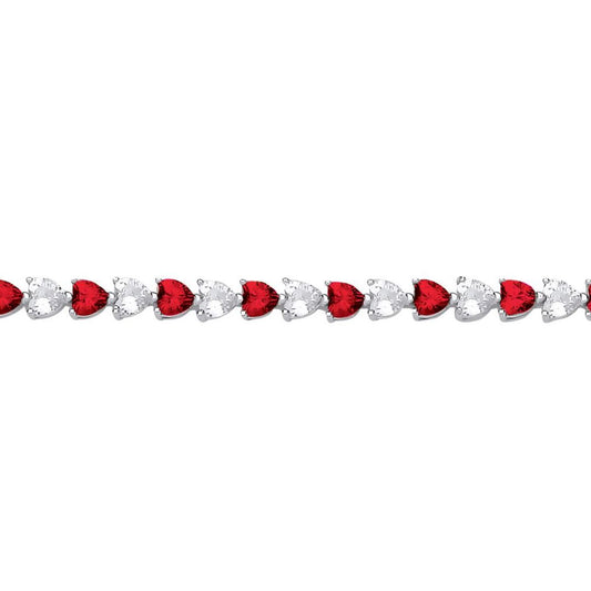 Silver  Red Heart CZ Love Heart Striped Tennis Bracelet - GVB587RU
