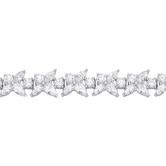 Silver  Pear CZ Forsythia Trillium Flower Tennis Bracelet 7.5" - GVB593