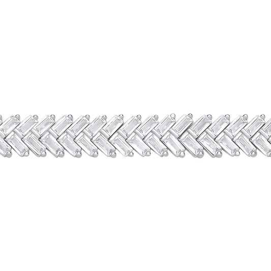 Silver Baguette CZ Herringbone Cluster Tennis Bracelet 8mm 7 inch - GVB594
