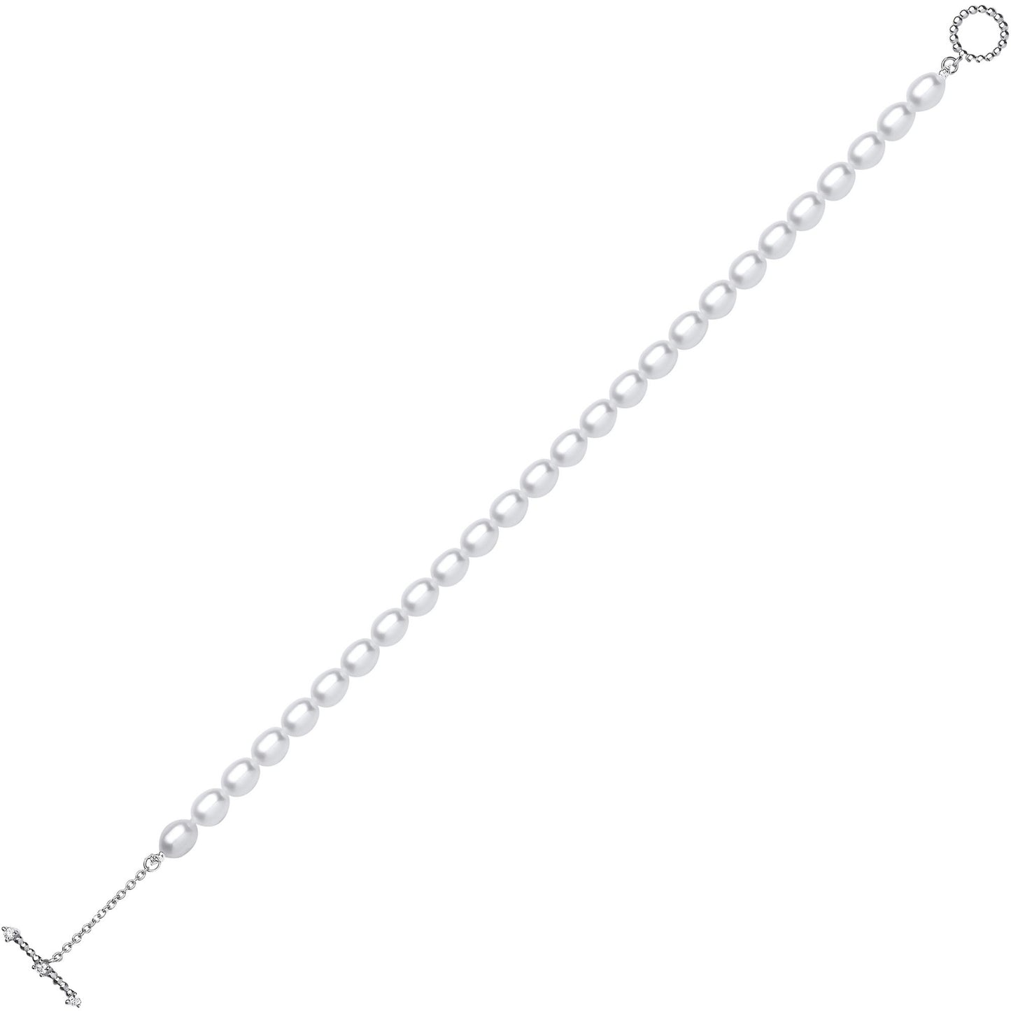 Silver  Oval Pearl CZ Oval Pebble T-Bar Toggle Bracelet 4mm 6.5" - GVB595