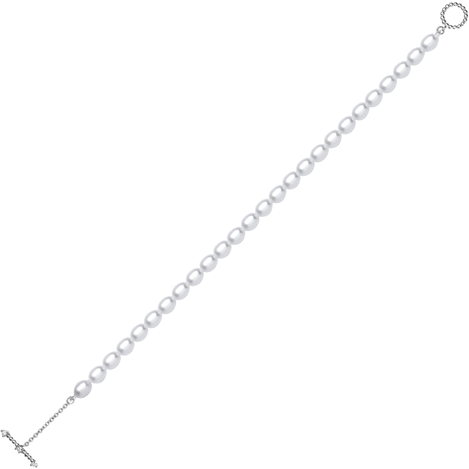 Silver  Oval Pearl CZ Oval Pebble T-Bar Toggle Bracelet 4mm 6.5" - GVB595