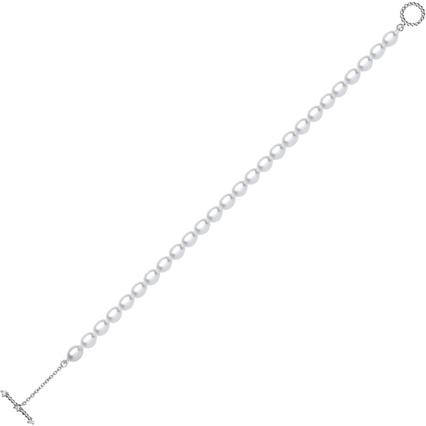 Silver  Oval Pearl CZ Oval Pebble T-Bar Toggle Bracelet 4mm 6.5" - GVB595