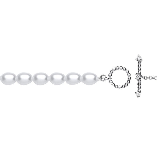 Silver Oval Pearl CZ Oval Pebble T-Bar Toggle Bracelet 4mm 6.5" - GVB595