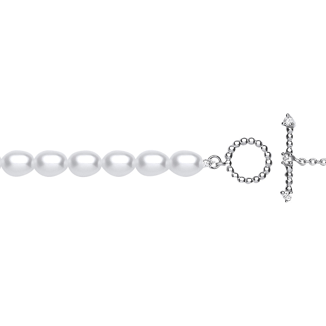 Silver  Oval Pearl CZ Oval Pebble T-Bar Toggle Bracelet 4mm 6.5" - GVB595