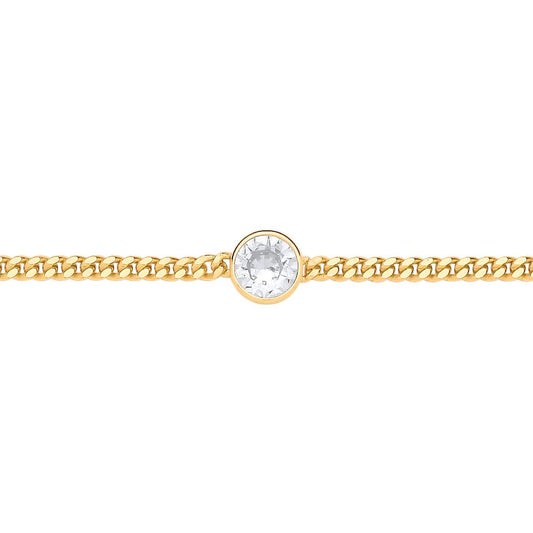 Gilded Silver  CZ Bezel Solitaire Curb Chain Bracelet 3mm 7.5 + 1" - GVB597G