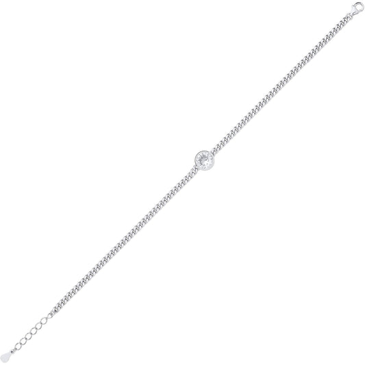 Silver  CZ Bezel Solitaire Curb Chain Bracelet 3mm 7.5 + 1 inch - GVB597RH