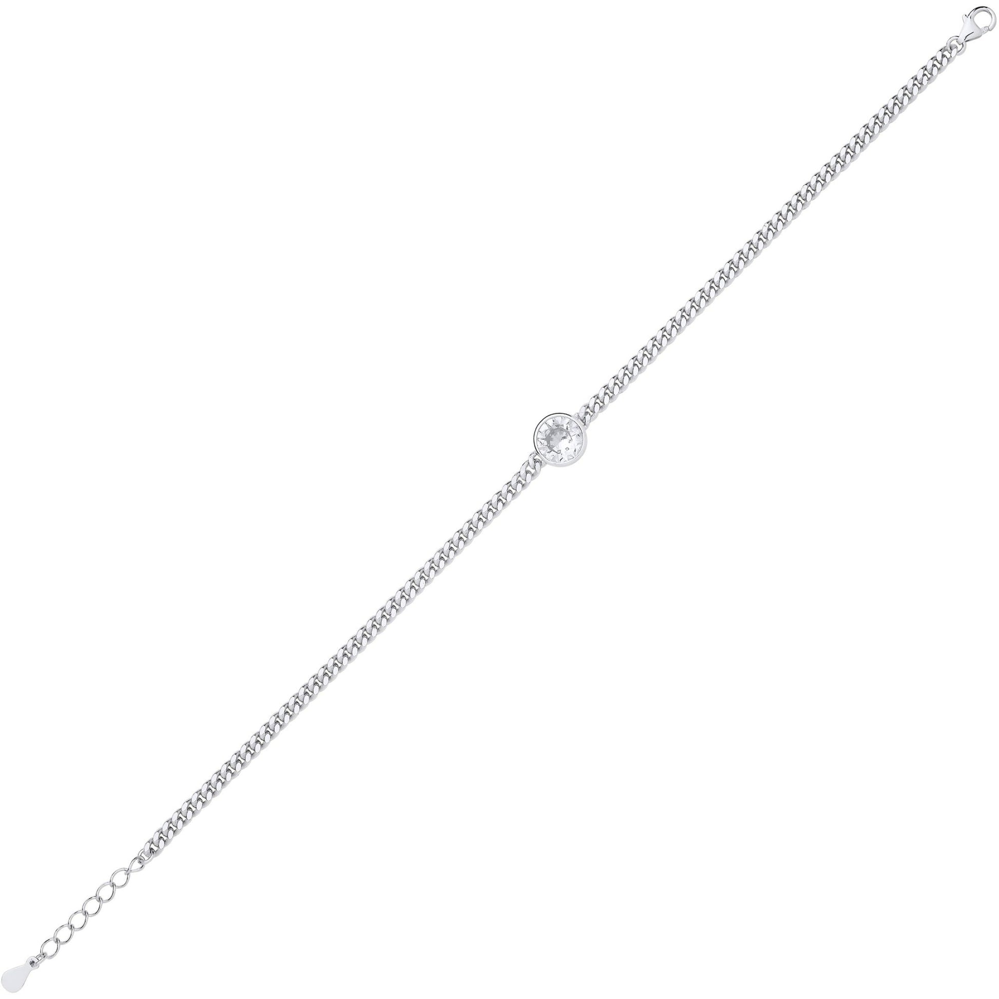 Silver  CZ Bezel Solitaire Curb Chain Bracelet 3mm 7.5 + 1 inch - GVB597RH