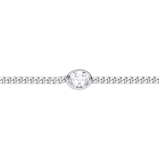 Silver Oval CZ Bezel Solitaire Curb Chain Bracelet 3mm 7.5 + 1" - GVB598RH